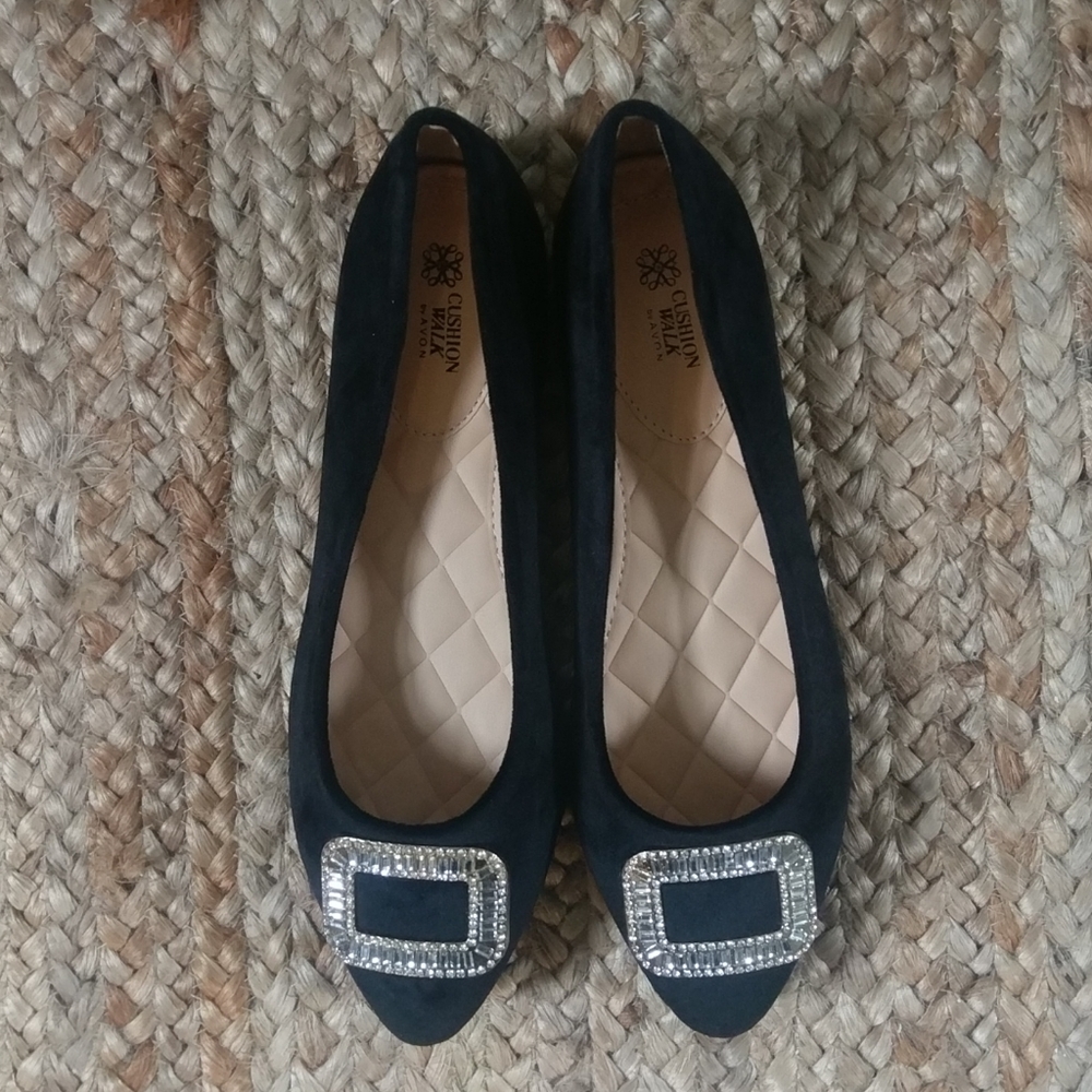 Black Velvet Jeweled Flat Holiday Shoes Size 7 by Avon NEW